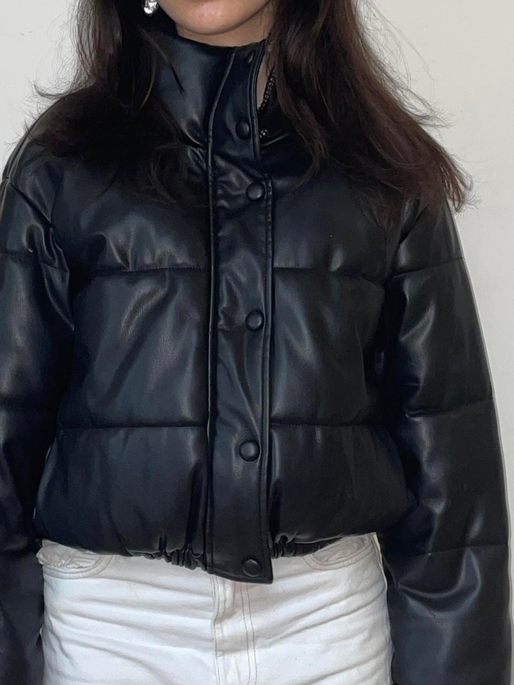 Zara Black Funnel Puffer Faux Leather Jacket size Large perfect oversized chic